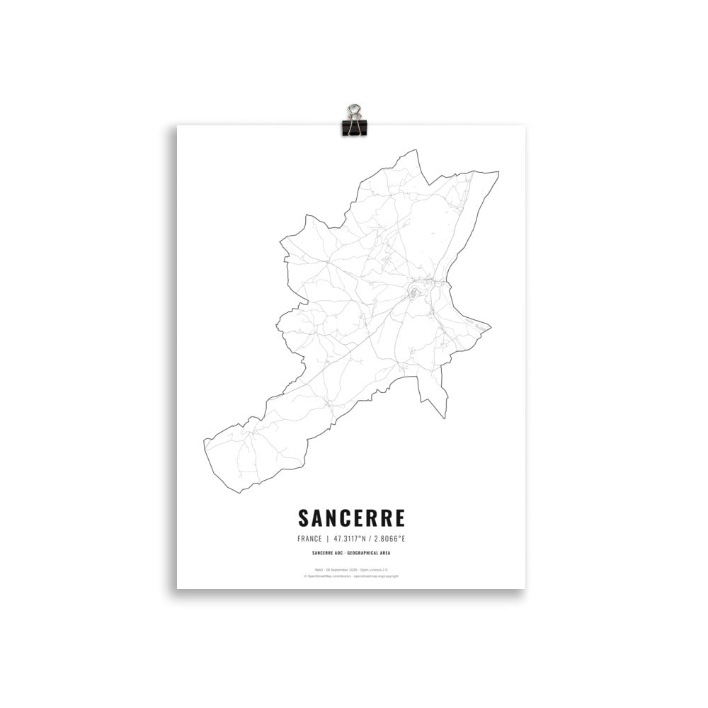 Black-and-white map poster of the Sancerre wine region in France, 30 × 40 cm – Cocktailored