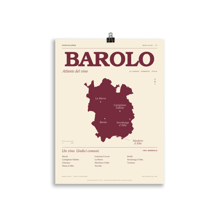 Barolo-DOCG-Weinkarten-Poster in Bordeauxrot und Creme mit italienischer Typografie und Ortsnamen, 30 × 40 cm