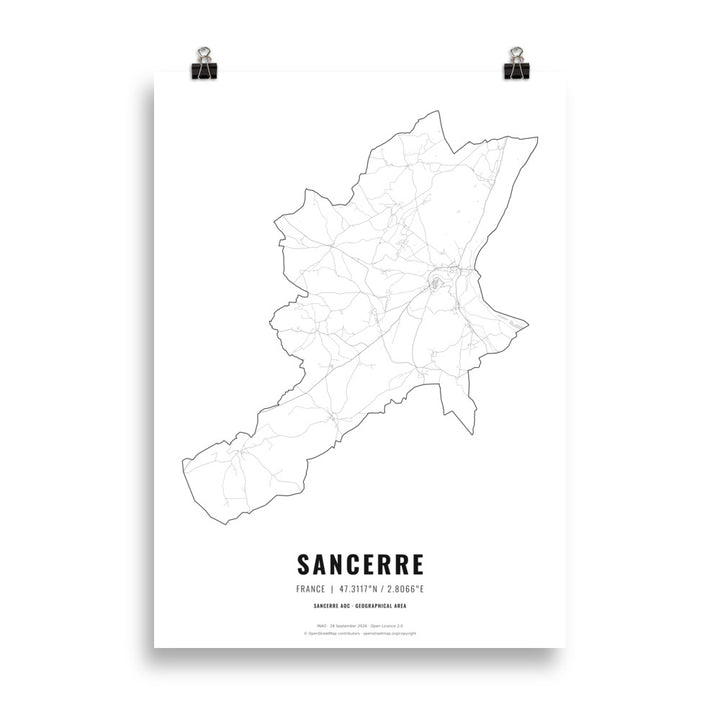 Black-and-white map poster of the Sancerre wine region in France, 50 × 70 cm – Cocktailored